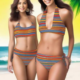 A stylish bikini made from Indian-styled scarf material, featuring intricate patterns and vibrant colors typical of Indian textiles