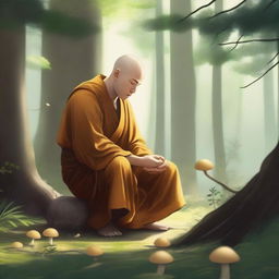 A serene scene of a human monk in traditional robes, carefully picking mushrooms in a lush forest