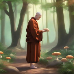 A serene scene of a human monk in traditional robes, carefully picking mushrooms in a lush forest