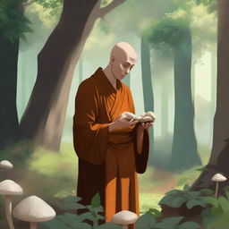 A serene scene of a human monk in traditional robes, carefully picking mushrooms in a lush forest