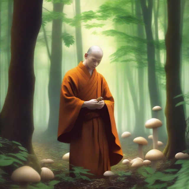 A serene scene of a human monk in traditional robes, carefully picking mushrooms in a lush forest