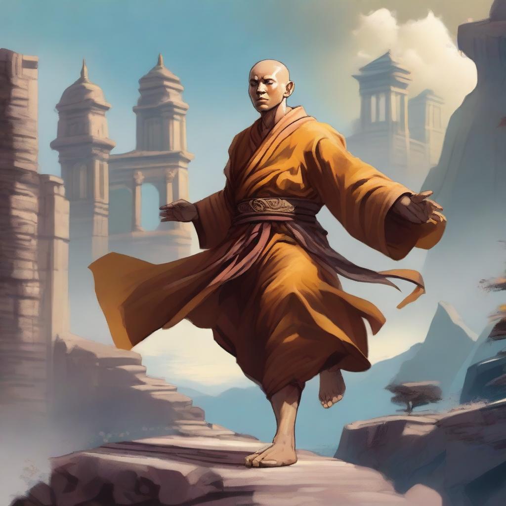 A human monk character from Dungeons and Dragons, depicted in a dynamic pose