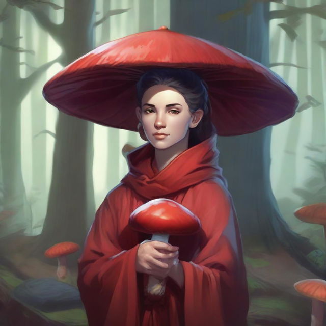 A human female monk from Dungeons and Dragons, wearing a distinctive red coat, holding a large mushroom with a serene expression