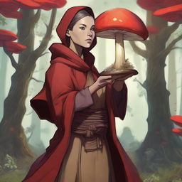 A human female monk from Dungeons and Dragons, wearing a distinctive red coat, holding a large mushroom with a serene expression