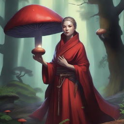 A human female monk from Dungeons and Dragons, wearing a distinctive red coat, holding a large mushroom with a serene expression