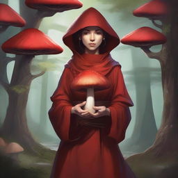 A human female monk from Dungeons and Dragons, wearing a distinctive red coat, holding a large mushroom with a serene expression