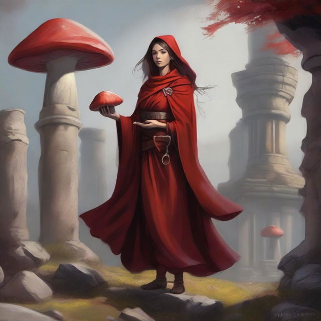 A human female monk from Dungeons and Dragons, dressed in a distinctive red coat, holding a large mushroom