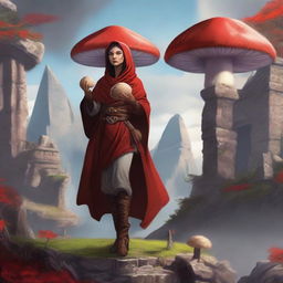 A human female monk from Dungeons and Dragons, dressed in a distinctive red coat, holding a large mushroom