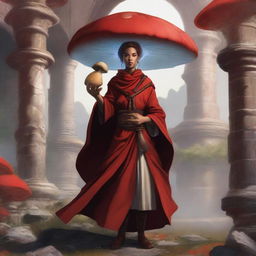 A human female monk from Dungeons and Dragons, dressed in a distinctive red coat, holding a large mushroom