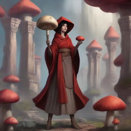 A human female monk from Dungeons and Dragons, dressed in a distinctive red coat, holding a large mushroom