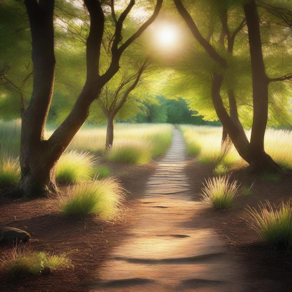 A serene pathway illuminated by a soft, glowing light coming from above, casting a gentle glow on the path ahead