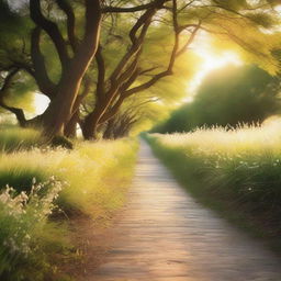 A serene pathway illuminated by a soft, glowing light coming from above, casting a gentle glow on the path ahead