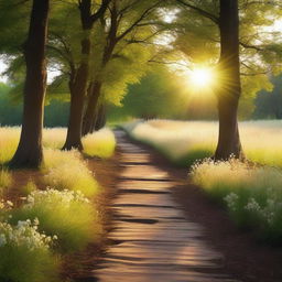 A serene pathway illuminated by a soft, glowing light coming from above, casting a gentle glow on the path ahead