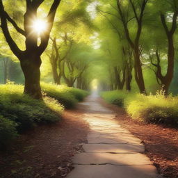 A serene pathway illuminated by a soft, glowing light coming from above, casting a gentle glow on the path ahead