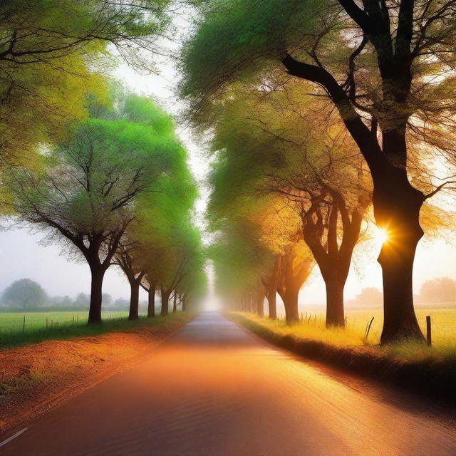 A beautiful road illuminated by soft, glowing light, creating a picturesque and inviting scene