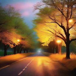 A beautiful road illuminated by soft, glowing light, creating a picturesque and inviting scene