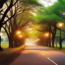 A beautiful road illuminated by soft, glowing light, creating a picturesque and inviting scene