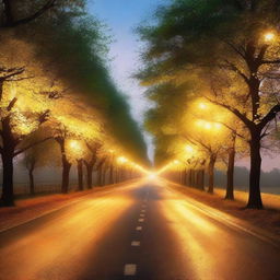 A beautiful road illuminated by soft, glowing light, creating a picturesque and inviting scene