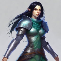 A Dungeons and Dragons character who is a slim female moon elf about 5'8 with raven black hair, blue green eyes, fair skin with freckles, and swirling burn scars up both arms