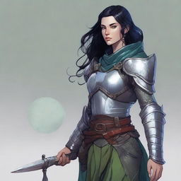 A Dungeons and Dragons character who is a slim female moon elf about 5'8 with raven black hair, blue green eyes, fair skin with freckles, and swirling burn scars up both arms