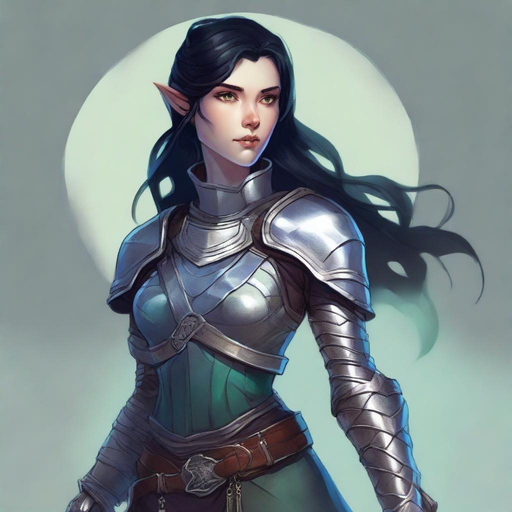 A Dungeons and Dragons character who is a slim female moon elf about 5'8 with raven black hair, blue green eyes, fair skin with freckles, and swirling burn scars up both arms