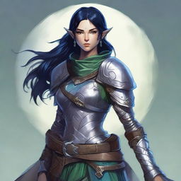 A Dungeons and Dragons character who is a slim female moon elf about 5'8 with raven black hair, blue green eyes, fair skin with freckles, and swirling burn scars up both arms