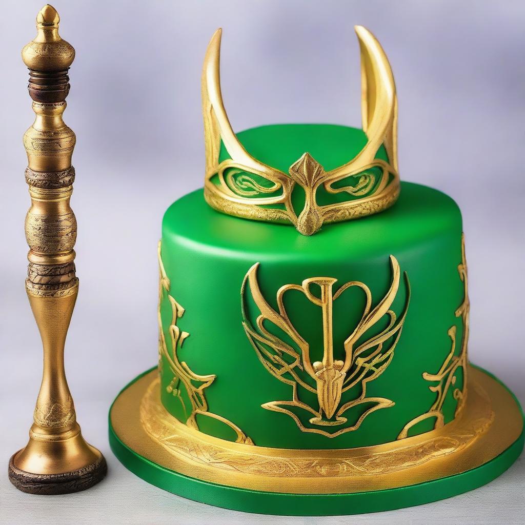 A beautifully decorated cake featuring Loki, the Norse god of mischief, with intricate designs and vibrant colors