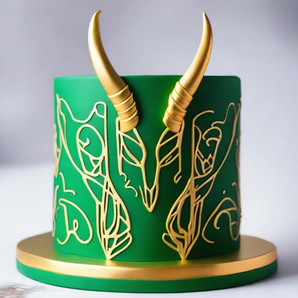 A beautifully decorated cake featuring the silhouette of Loki, the Norse god of mischief