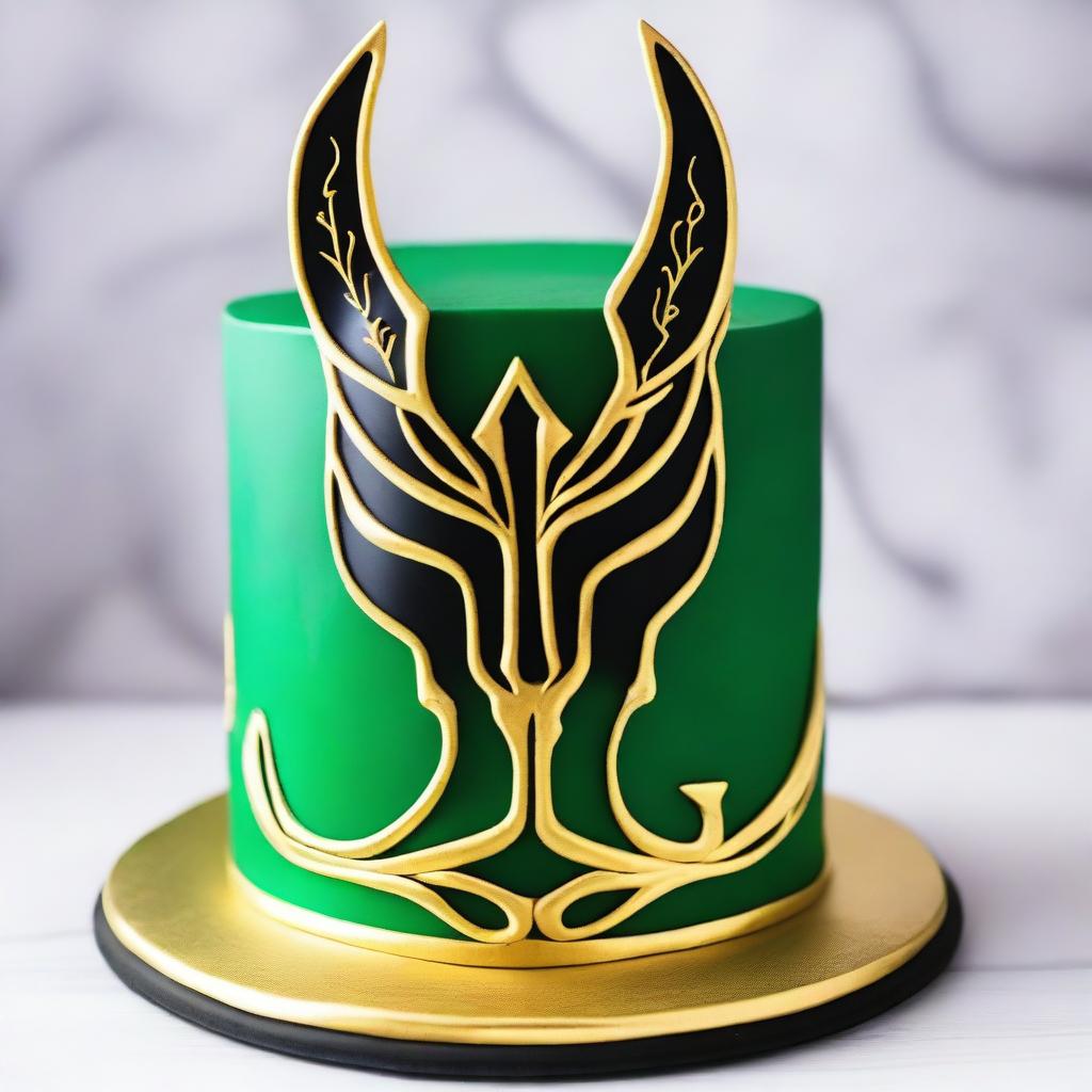 A beautifully decorated cake featuring the silhouette of Loki, the Norse god of mischief