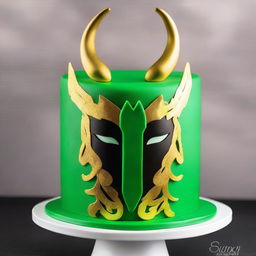 A beautifully decorated cake featuring the silhouette of Loki, the Norse god of mischief