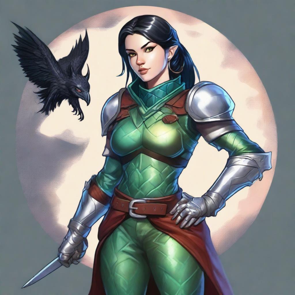 A Dungeons and Dragons character who is a slim female moon elf about 5'8 with raven black hair, blue green eyes, red lips, fair skin with prominent freckles, and swirling burn scars up both arms