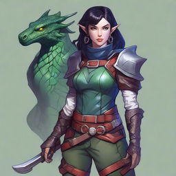 A Dungeons and Dragons character who is a slim female moon elf about 5'8 with raven black hair, blue green eyes, red lips, fair skin with prominent freckles, and swirling burn scars up both arms