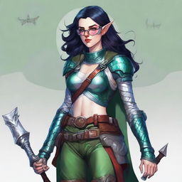 A Dungeons and Dragons character who is a slim female moon elf about 5'8 with raven black hair, blue green eyes, red lips, fair skin with prominent freckles, and swirling burn scars up both arms