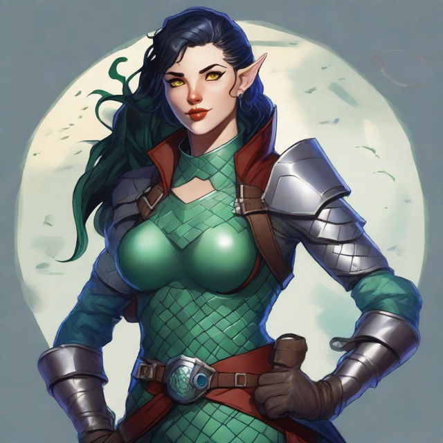 A Dungeons and Dragons character who is a slim female moon elf about 5'8 with raven black hair, blue green eyes, red lips, fair skin with prominent freckles, and swirling burn scars up both arms