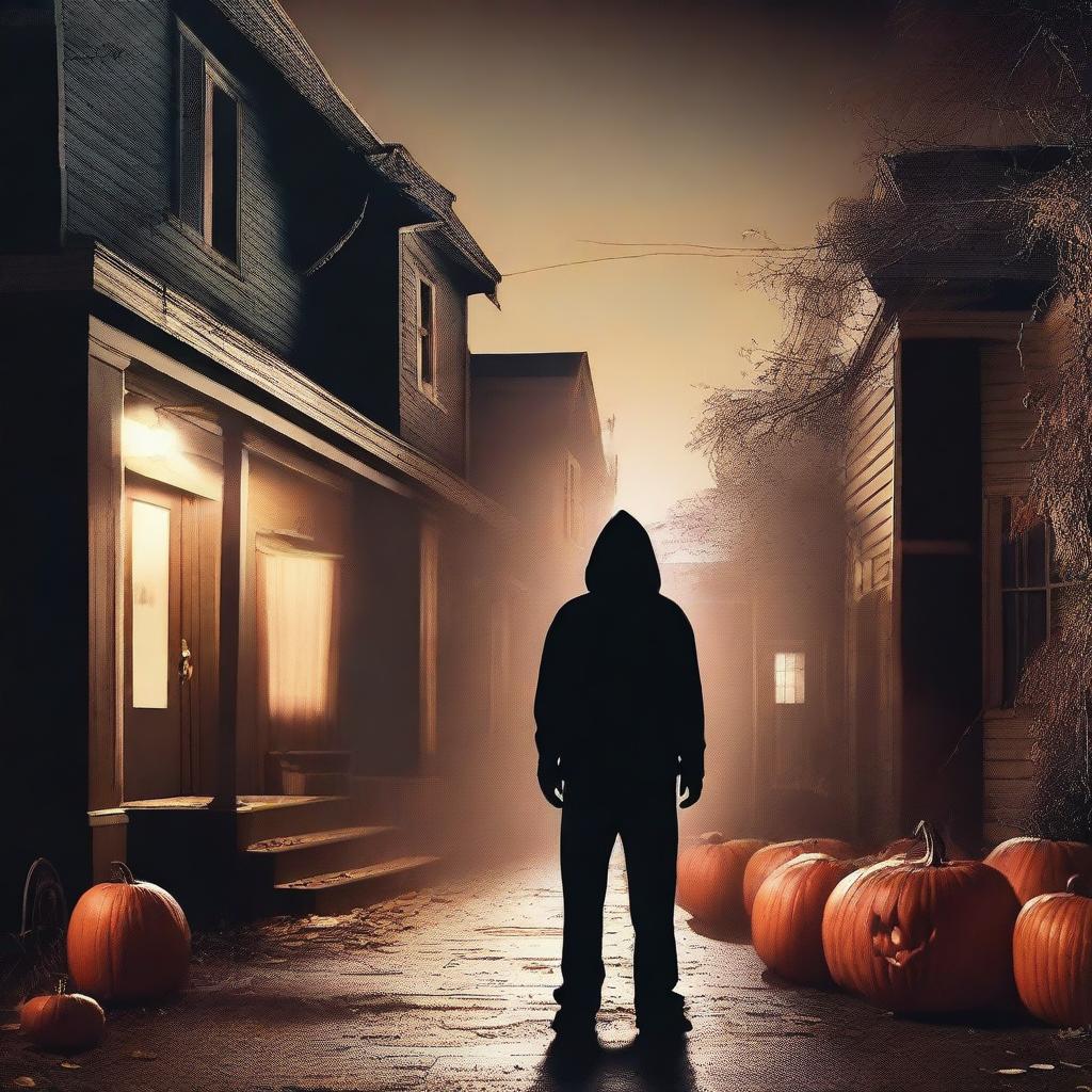 A horror slasher scene set on Halloween night in a small college town in California