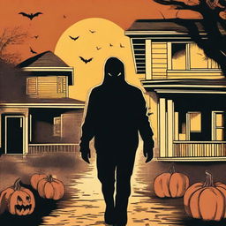 A horror slasher scene set on Halloween night in a small college town in California, designed to resemble the paperback covers of 1980's horror books