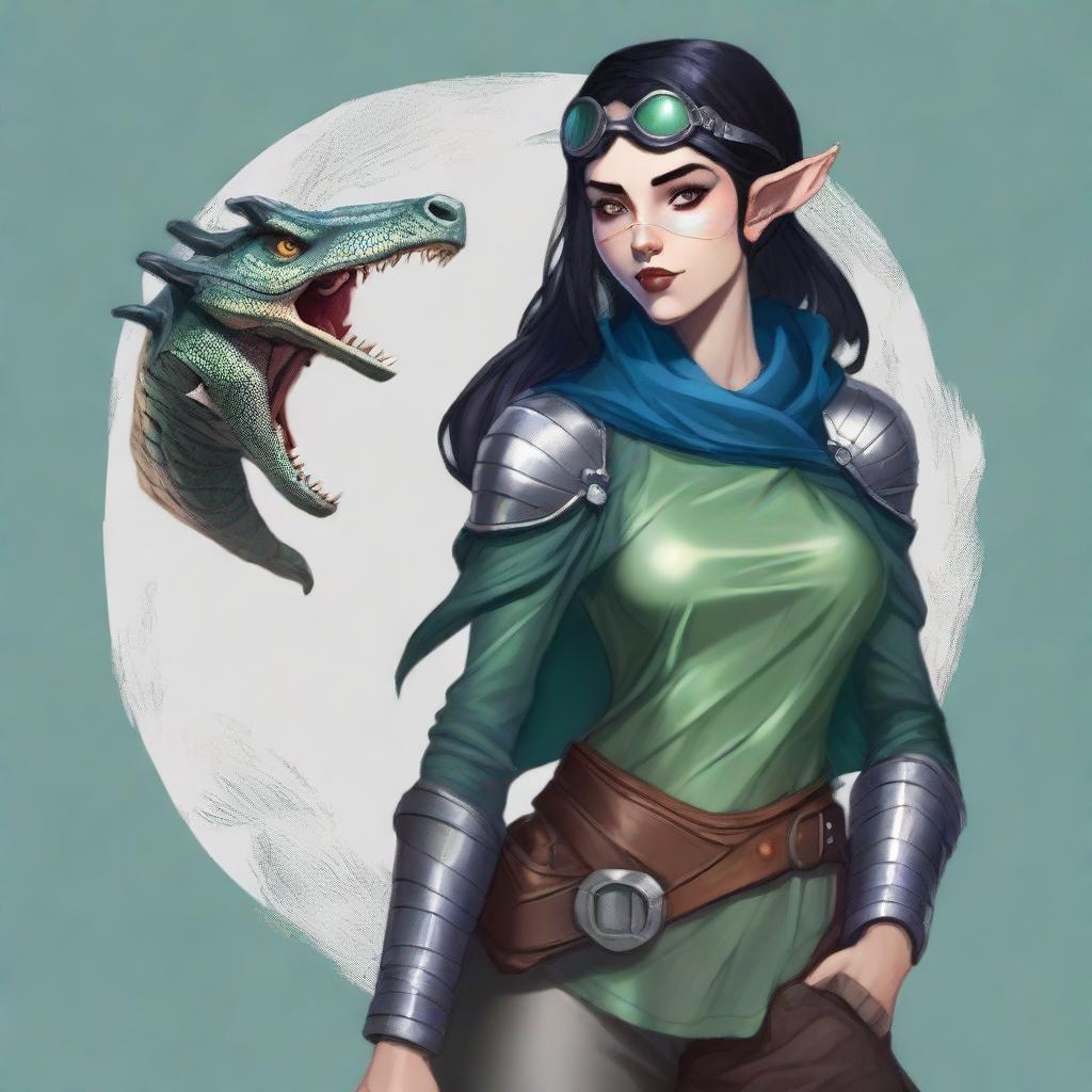 A full-length depiction of a Dungeons and Dragons character who is a slim female moon elf about 5'8 with raven black hair, blue green eyes, red lips, fair skin with prominent freckles, and swirling burn scars up both arms