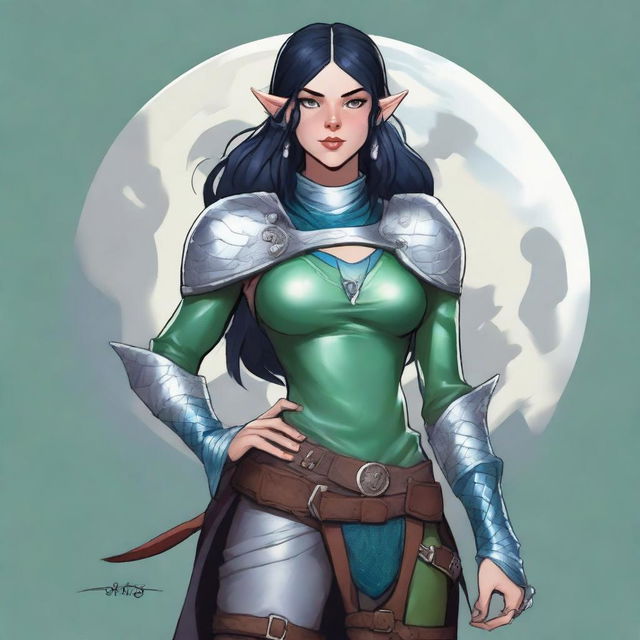 A full-length depiction of a Dungeons and Dragons character who is a slim female moon elf about 5'8 with raven black hair, blue green eyes, red lips, fair skin with prominent freckles, and swirling burn scars up both arms