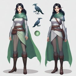 A full-length depiction of a Dungeons and Dragons character who is a slim female moon elf about 5'8 with raven black hair, blue green eyes, red lips, fair skin with prominent freckles, and swirling burn scars up both arms