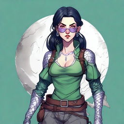 A full-length depiction of a Dungeons and Dragons character who is a slim female moon elf about 5'8 with raven black hair, blue green eyes, red lips, fair skin with prominent freckles, and swirling burn scars up both arms