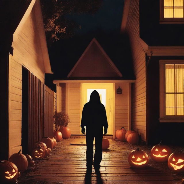 A terrifying horror slasher scene set on Halloween night in a small college town in California, designed to resemble the realistic paperback covers of 1980's horror books