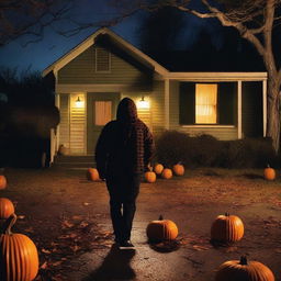 A terrifying horror slasher scene set on Halloween night in a small college town in California, designed to resemble the realistic paperback covers of 1980's horror books