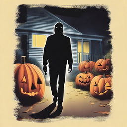 A terrifying horror slasher scene set on Halloween night in a small college town in California, designed to resemble the realistic paperback covers of 1980's horror books