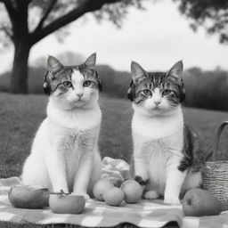 Two charming cats, situated in a black and white setting, wearing headphones and enjoying a picturesque picnic.