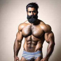 A muscular, hairy Indian man with a completely striped beard and a muscular chest