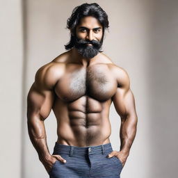 A muscular, hairy Indian man with a completely striped beard and a muscular chest