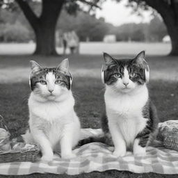 Two charming cats, situated in a black and white setting, wearing headphones and enjoying a picturesque picnic.