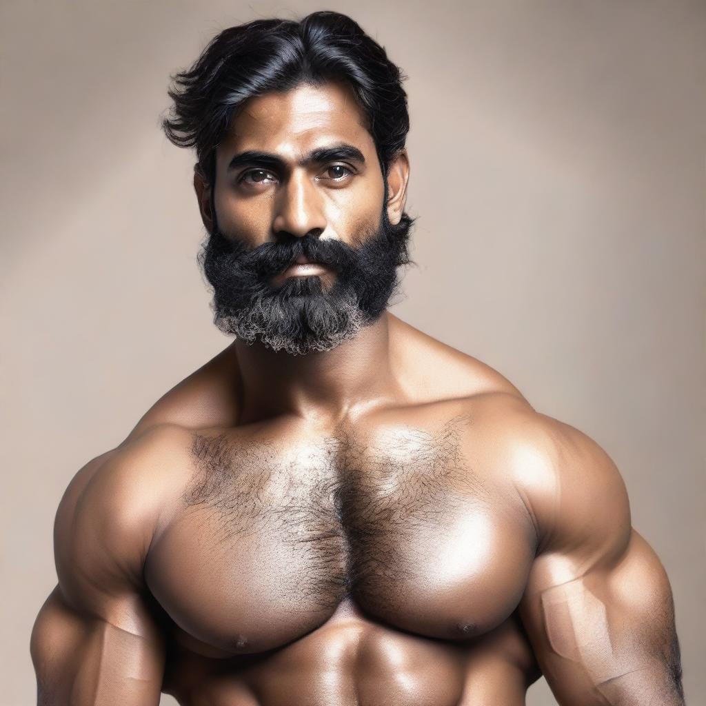 A muscular, hairy Indian man with a completely striped beard and a muscular chest