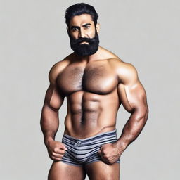 A muscular, hairy Indian man with a completely striped beard and a muscular chest