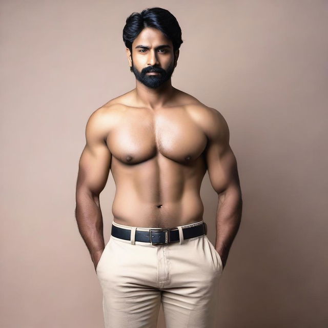 An Indian man with a huge bulge in his pants, standing confidently